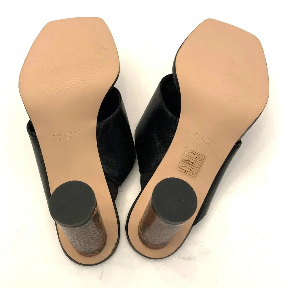 J. Crew Thong Sandals Open Toe High Heel Womens 9 Black Leather Snake‎ Print